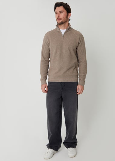 Threadbare Taupe Waffle Knit Raglan Quarter Zip Jumper