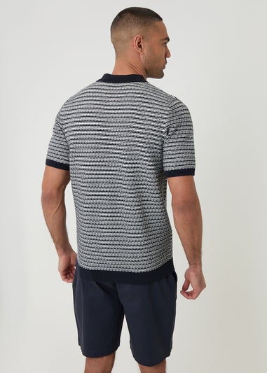 Threadbare Navy Textured Stripe Short Sleeve Knitted Polo