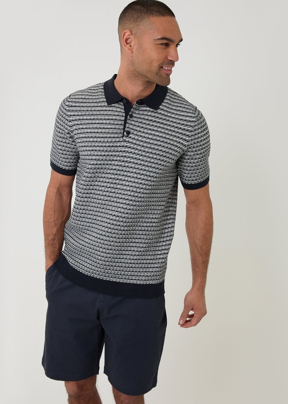 Threadbare Navy Textured Stripe Short Sleeve Knitted Polo