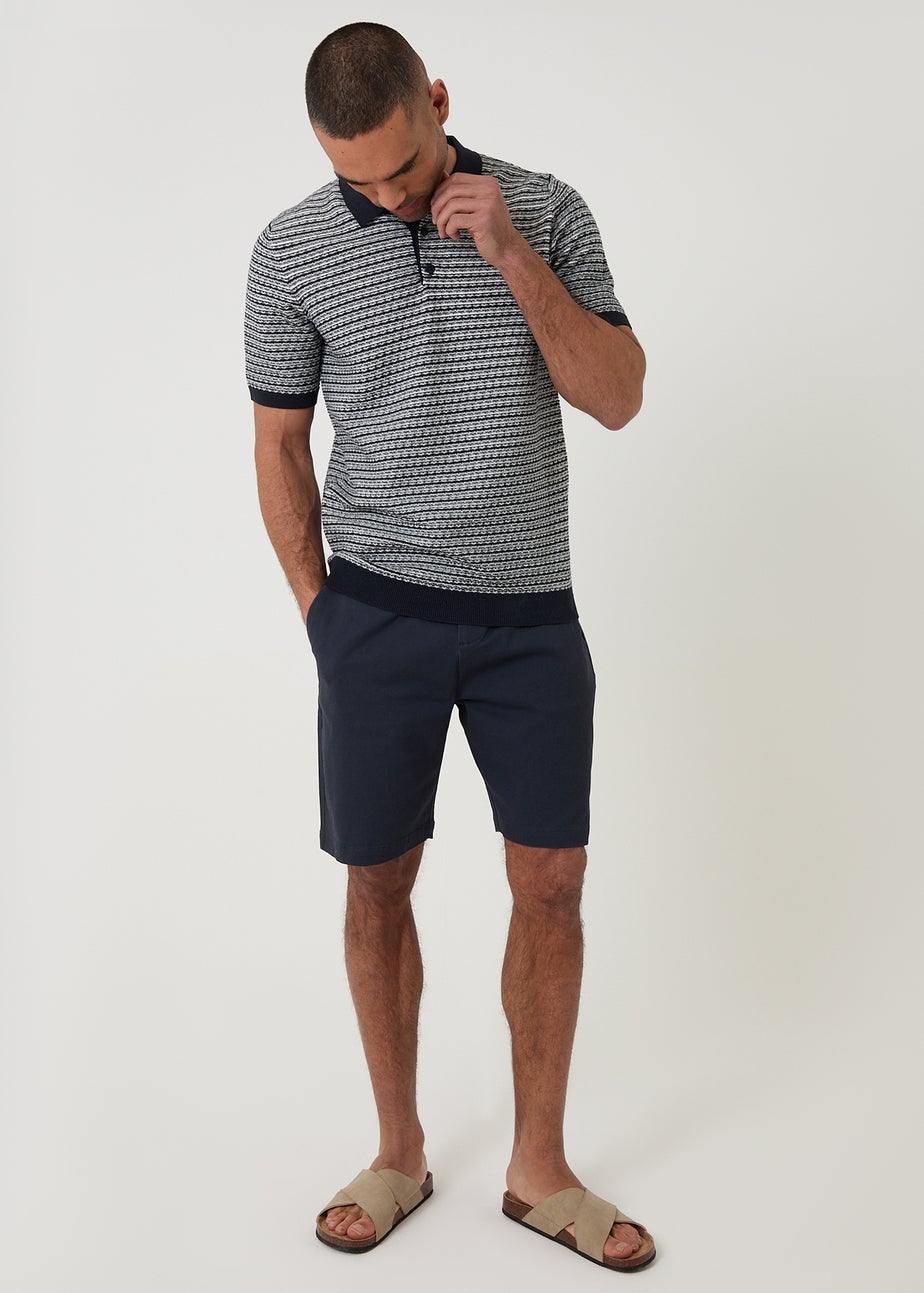 Threadbare Navy Textured Stripe Short Sleeve Knitted Polo