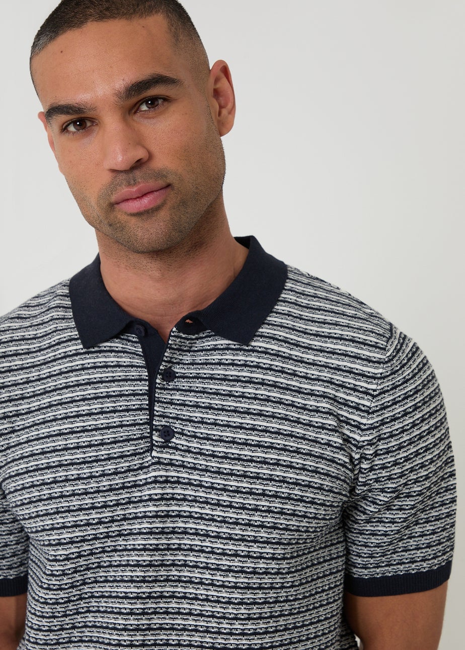 Threadbare Navy Textured Stripe Short Sleeve Knitted Polo