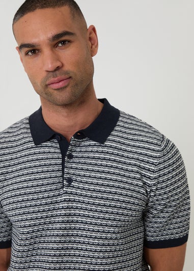 Threadbare Navy Textured Stripe Short Sleeve Knitted Polo
