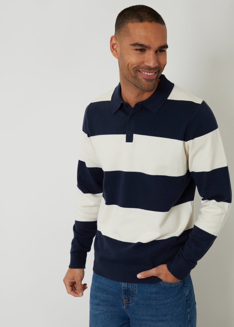 Threadbare Navy Knitted Long Sleeve Rugby Polo