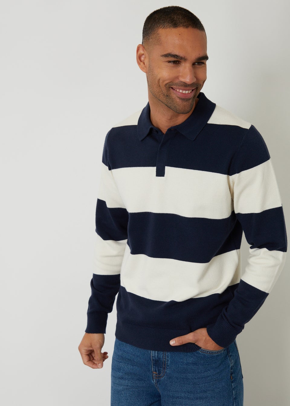 Threadbare Navy Knitted Long Sleeve Rugby Polo