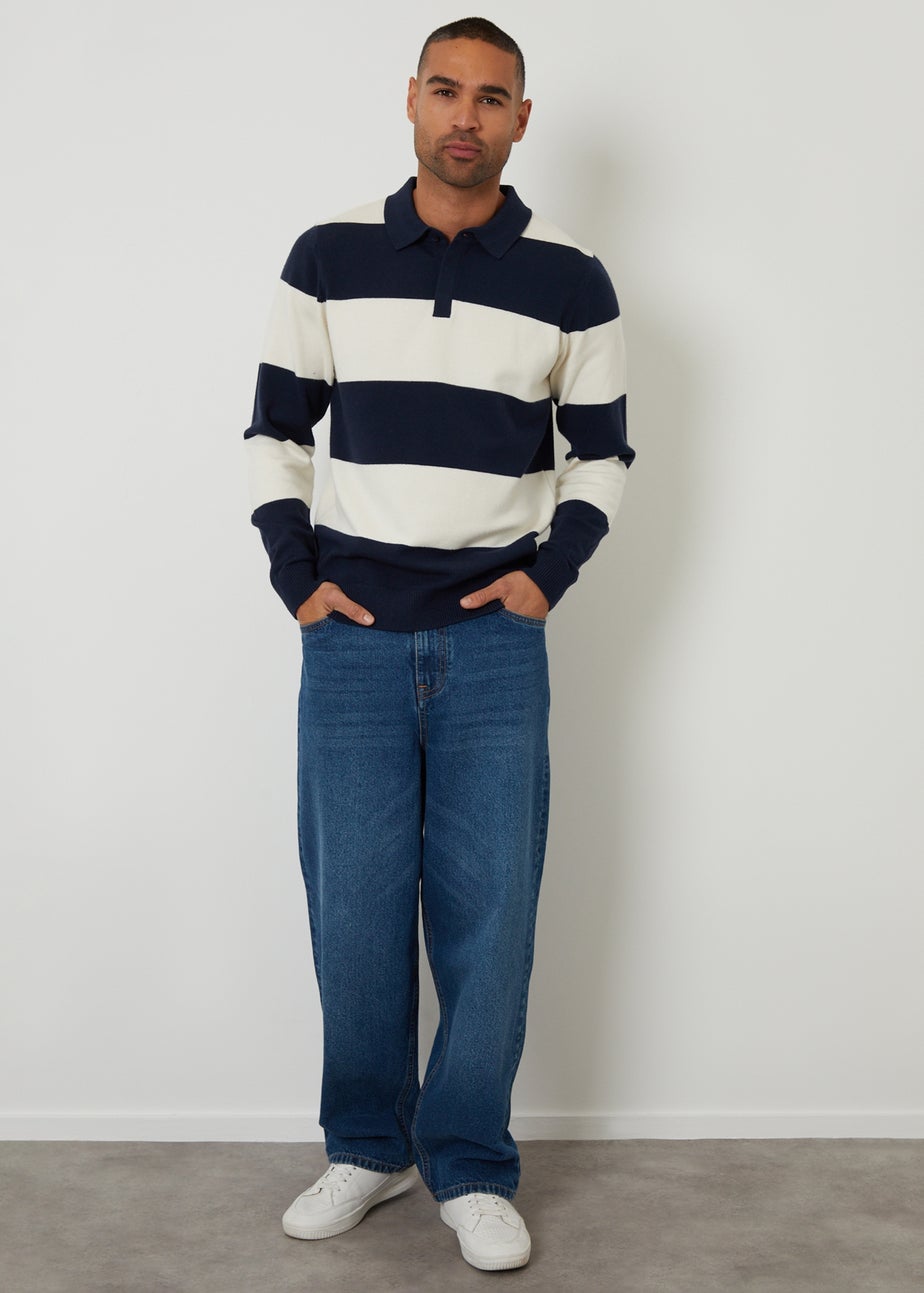 Threadbare Navy Knitted Long Sleeve Rugby Polo