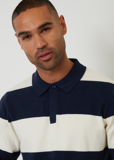 Threadbare Navy Knitted Long Sleeve Rugby Polo