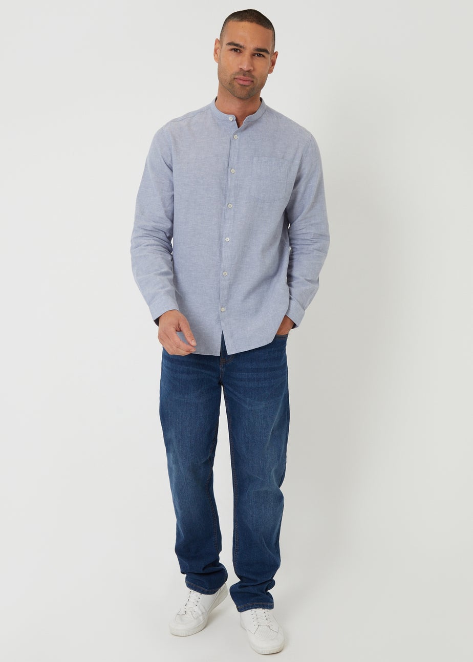 Threadbare Blue Linen Blend Long Sleeve Grandad Collar Shirt