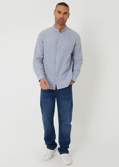 Threadbare Blue Linen Blend Long Sleeve Grandad Collar Shirt