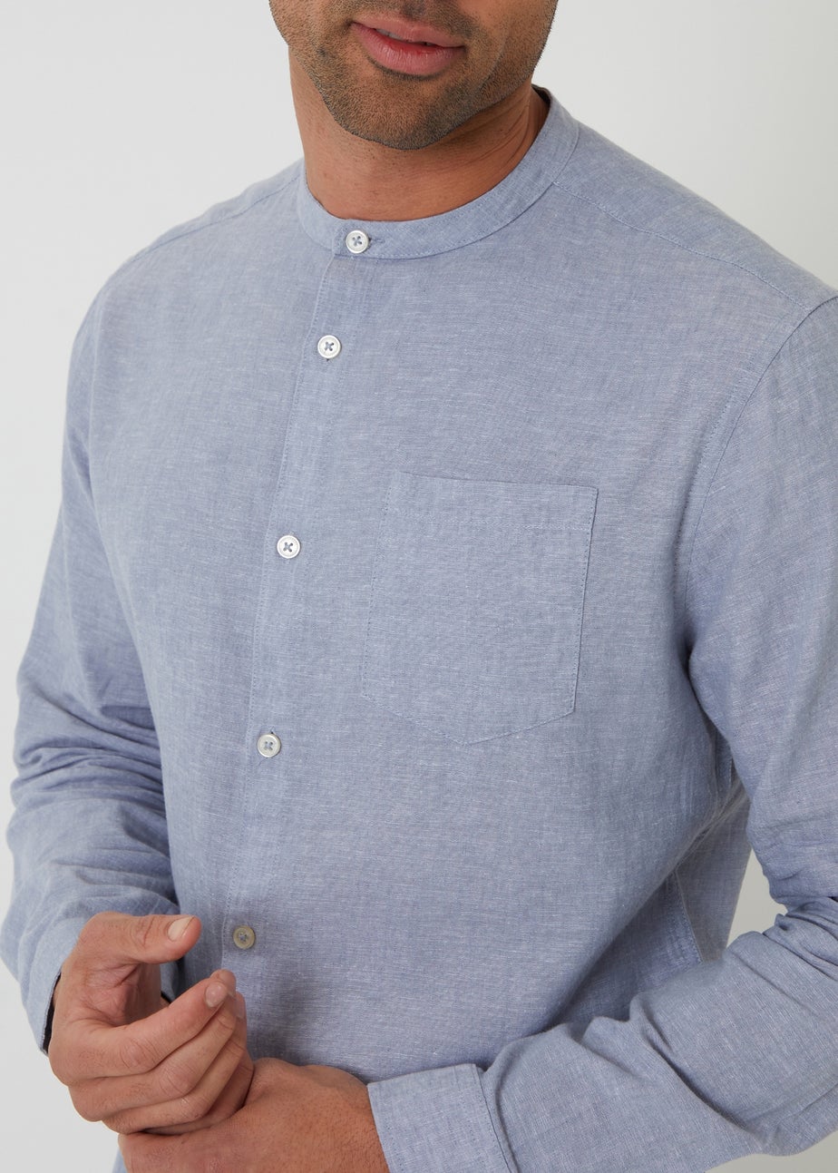 Threadbare Blue Linen Blend Long Sleeve Grandad Collar Shirt