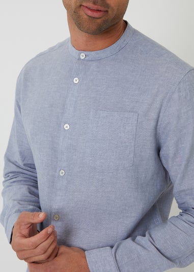 Threadbare Blue Linen Blend Long Sleeve Grandad Collar Shirt
