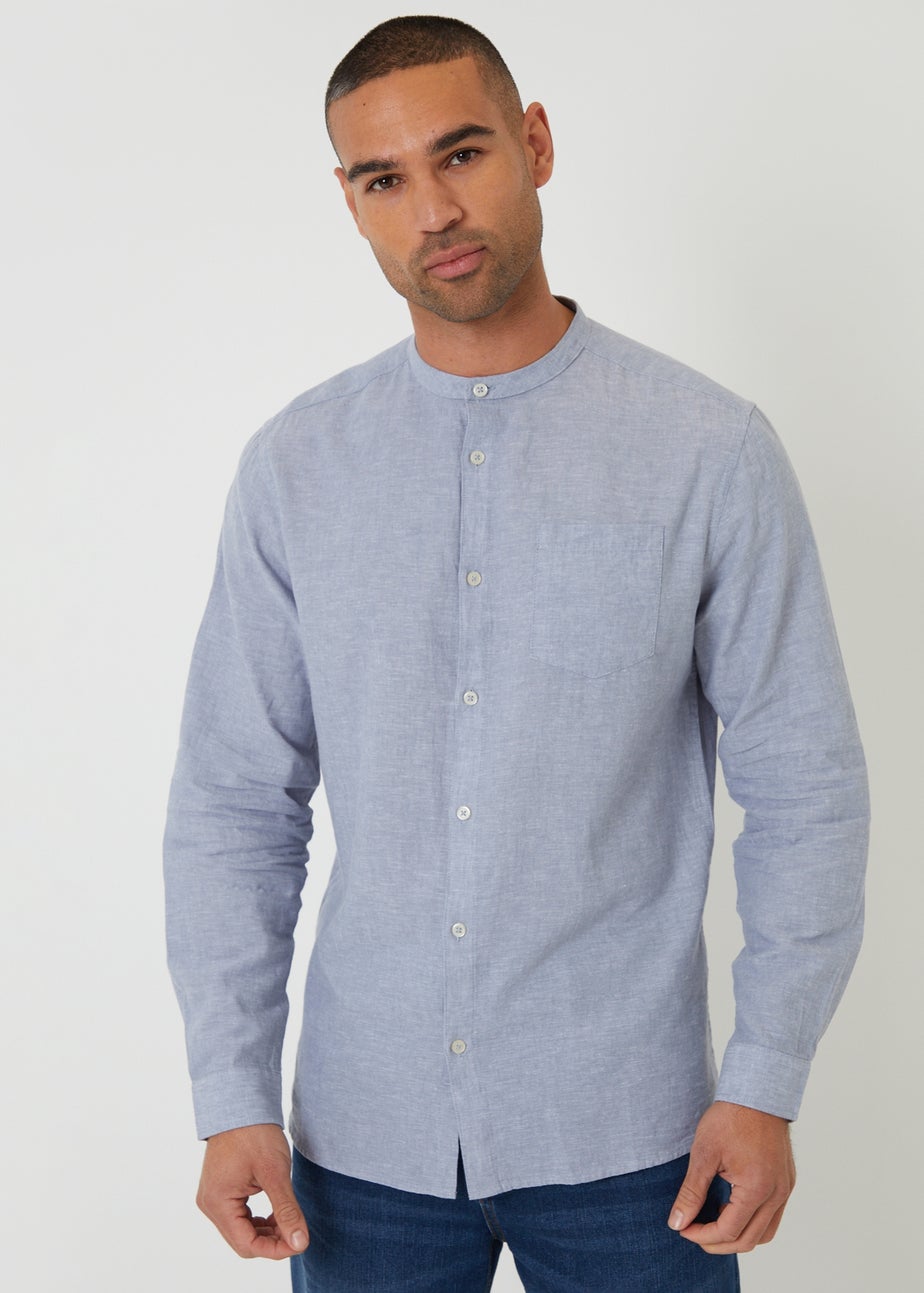 Threadbare Blue Linen Blend Long Sleeve Grandad Collar Shirt