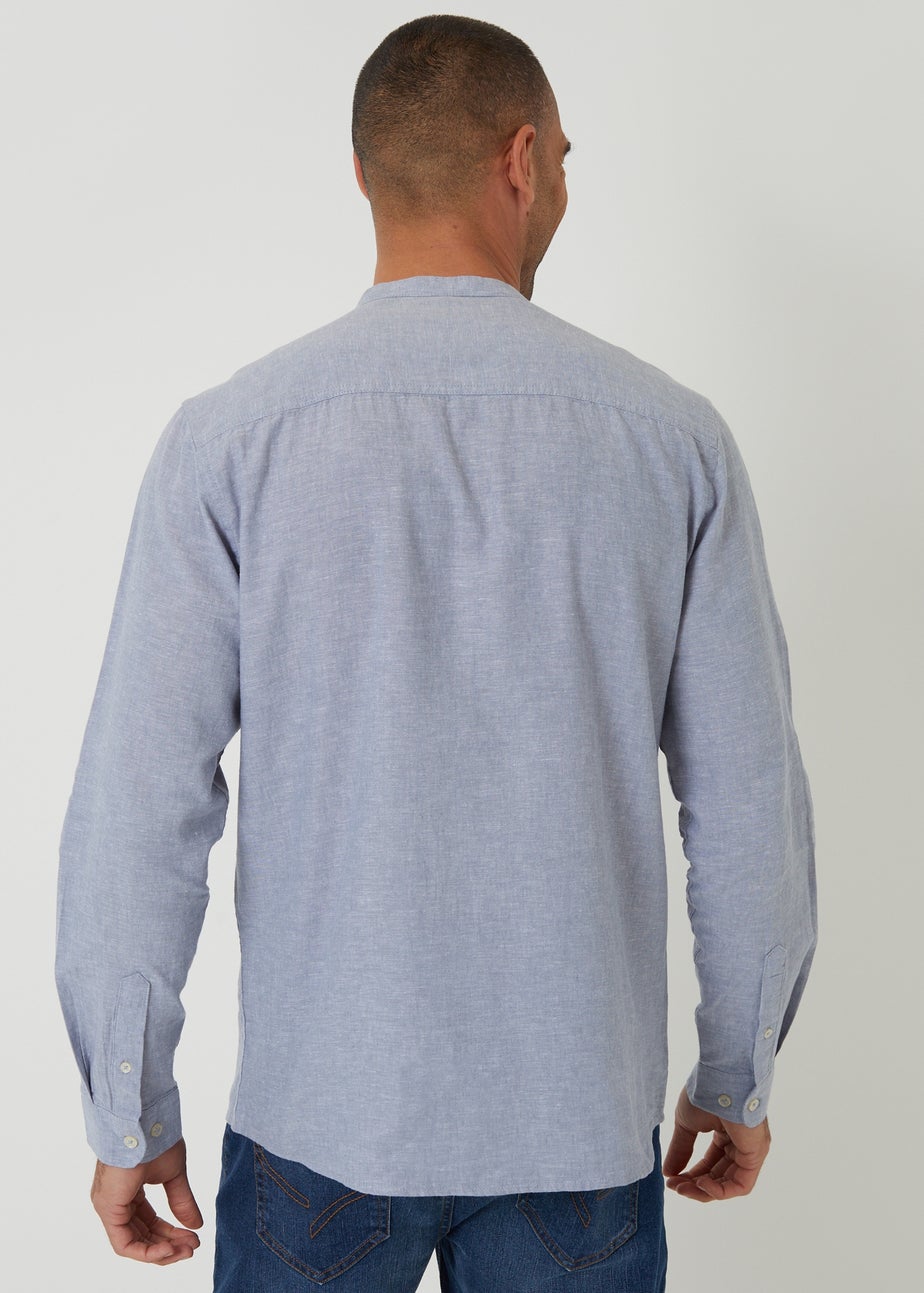 Threadbare Blue Linen Blend Long Sleeve Grandad Collar Shirt