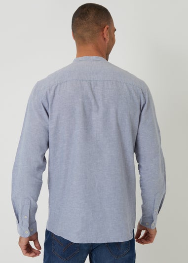 Threadbare Blue Linen Blend Long Sleeve Grandad Collar Shirt