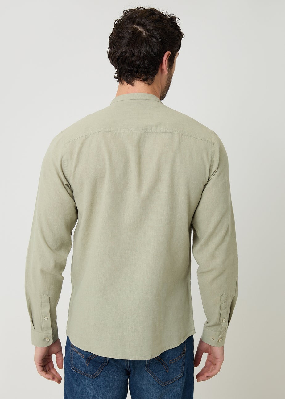 Threadbare Soft Green Linen Blend Long Sleeve Grandad Collar Shirt