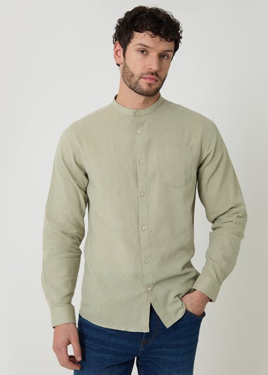 Threadbare Soft Green Linen Blend Long Sleeve Grandad Collar Shirt