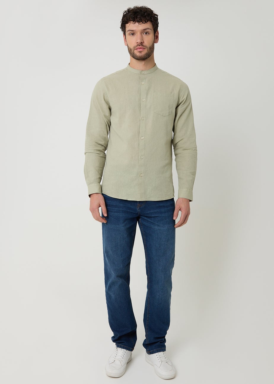 Threadbare Soft Green Linen Blend Long Sleeve Grandad Collar Shirt
