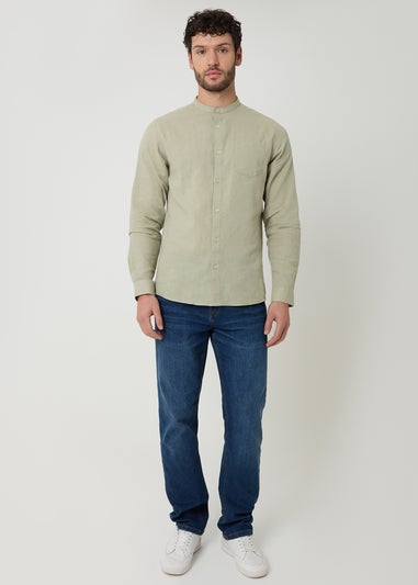 Threadbare Soft Green Linen Blend Long Sleeve Grandad Collar Shirt