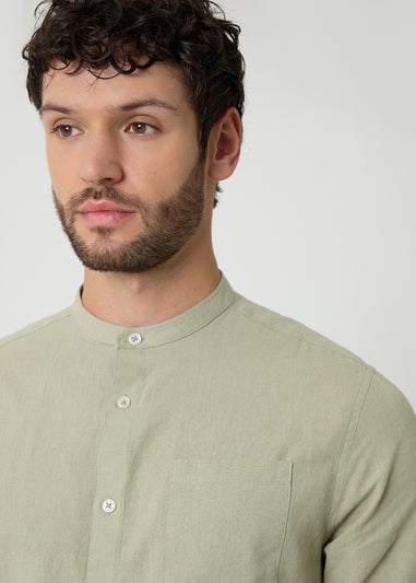 Threadbare Soft Green Linen Blend Long Sleeve Grandad Collar Shirt