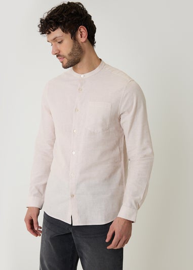 Threadbare Stone Linen Blend Long Sleeve Grandad Collar Shirt