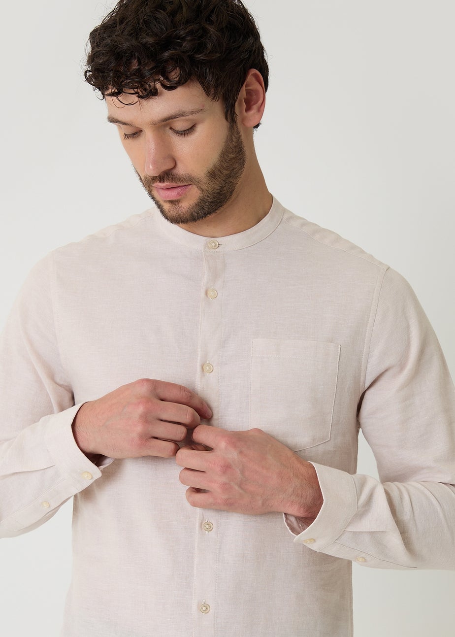 Threadbare Stone Linen Blend Long Sleeve Grandad Collar Shirt