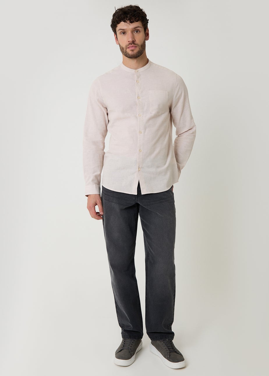 Threadbare Stone Linen Blend Long Sleeve Grandad Collar Shirt