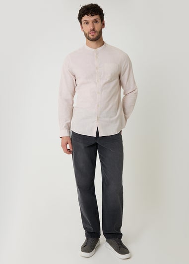 Threadbare Stone Linen Blend Long Sleeve Grandad Collar Shirt