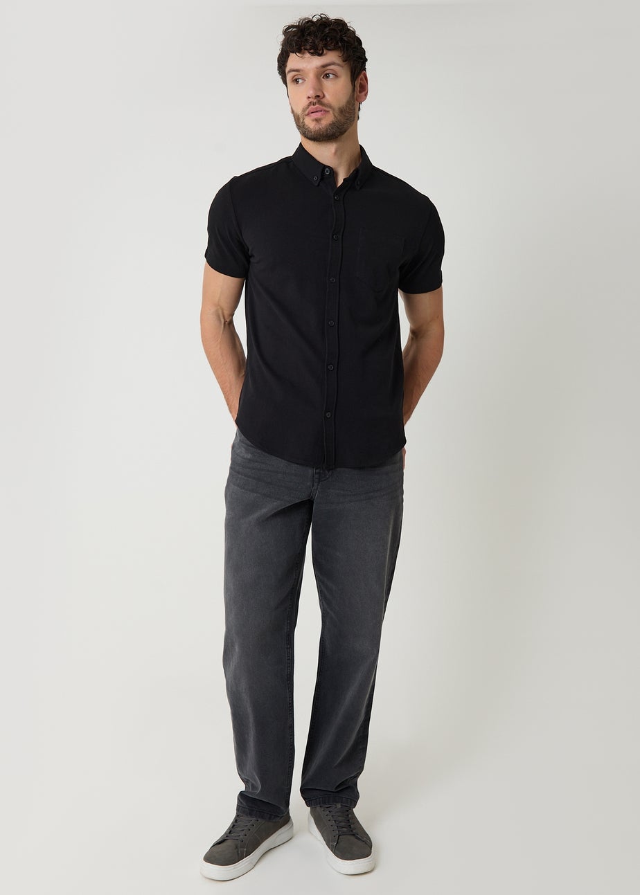 Threadbare Black Cotton Pique Short Sleeve Shirt