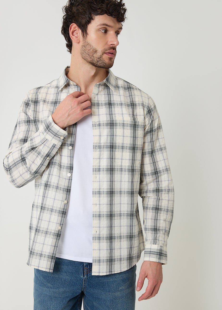Threadbare Stone Check Cotton Long Sleeve Shirt