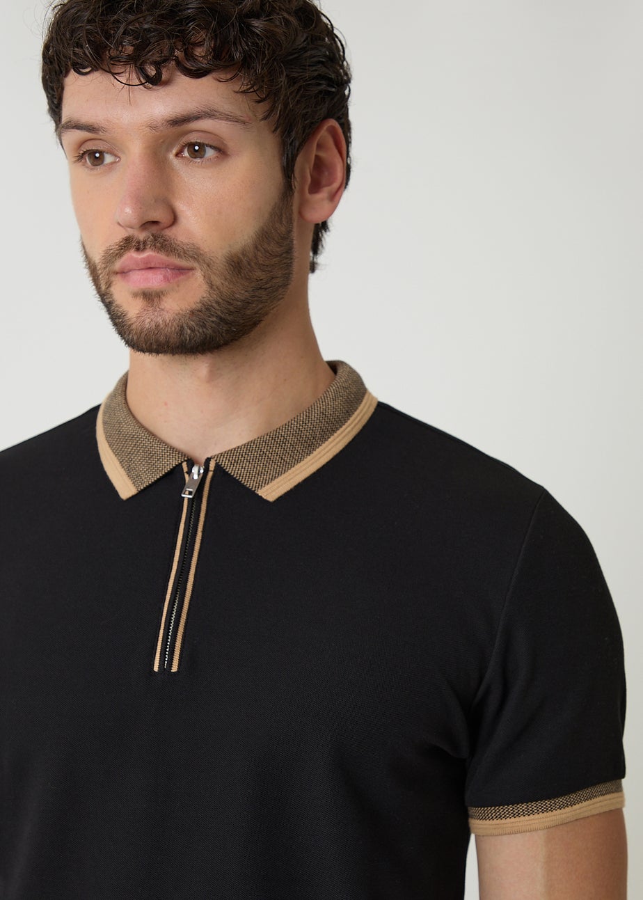 Threadbare Black Cotton Tipping Collar Quarter Zip Pique Polo Shirt