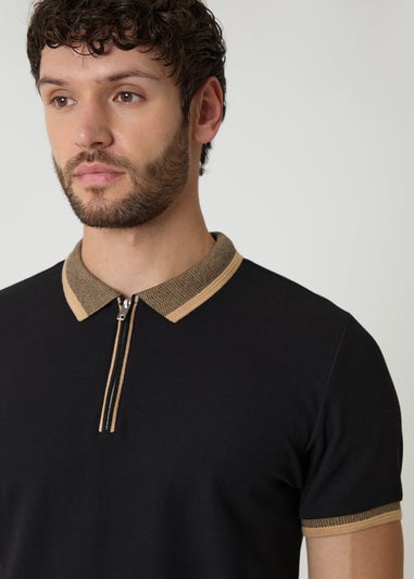 Threadbare Black Cotton Tipping Collar Quarter Zip Pique Polo Shirt