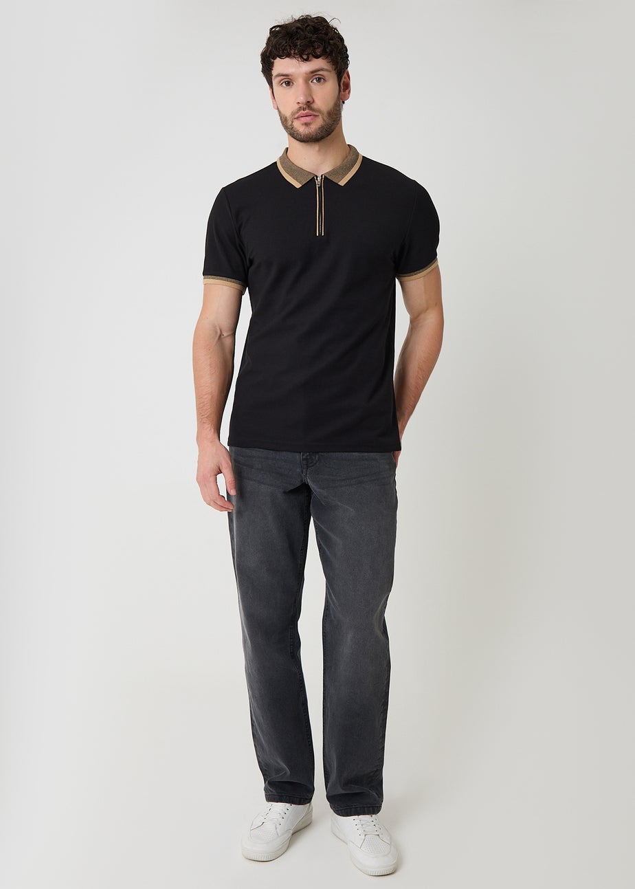 Threadbare Black Cotton Tipping Collar Quarter Zip Pique Polo Shirt