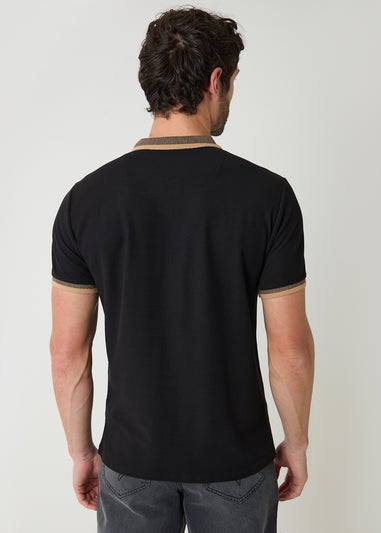 Threadbare Black Cotton Tipping Collar Quarter Zip Pique Polo Shirt