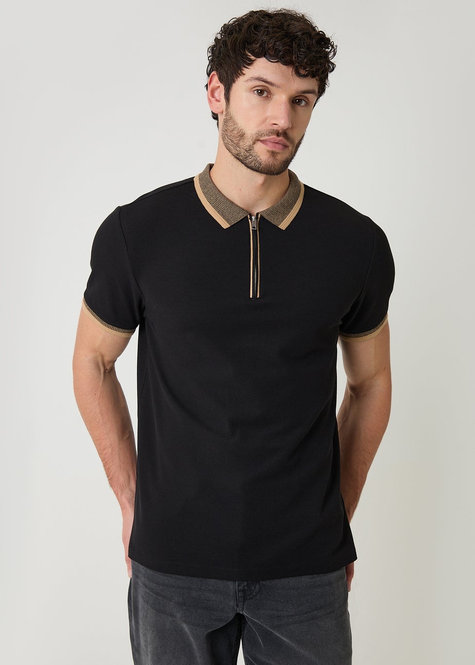 Threadbare Black Cotton Tipping Collar Quarter Zip Pique Polo Shirt