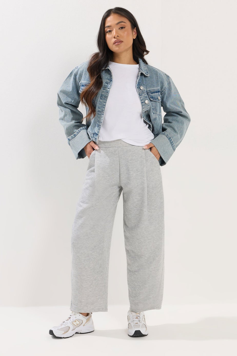PixieGirl Petite Grey Marl Jersey Pleated Barrel Trousers