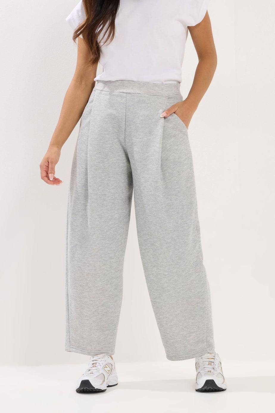 PixieGirl Petite Grey Marl Jersey Pleated Barrel Trousers
