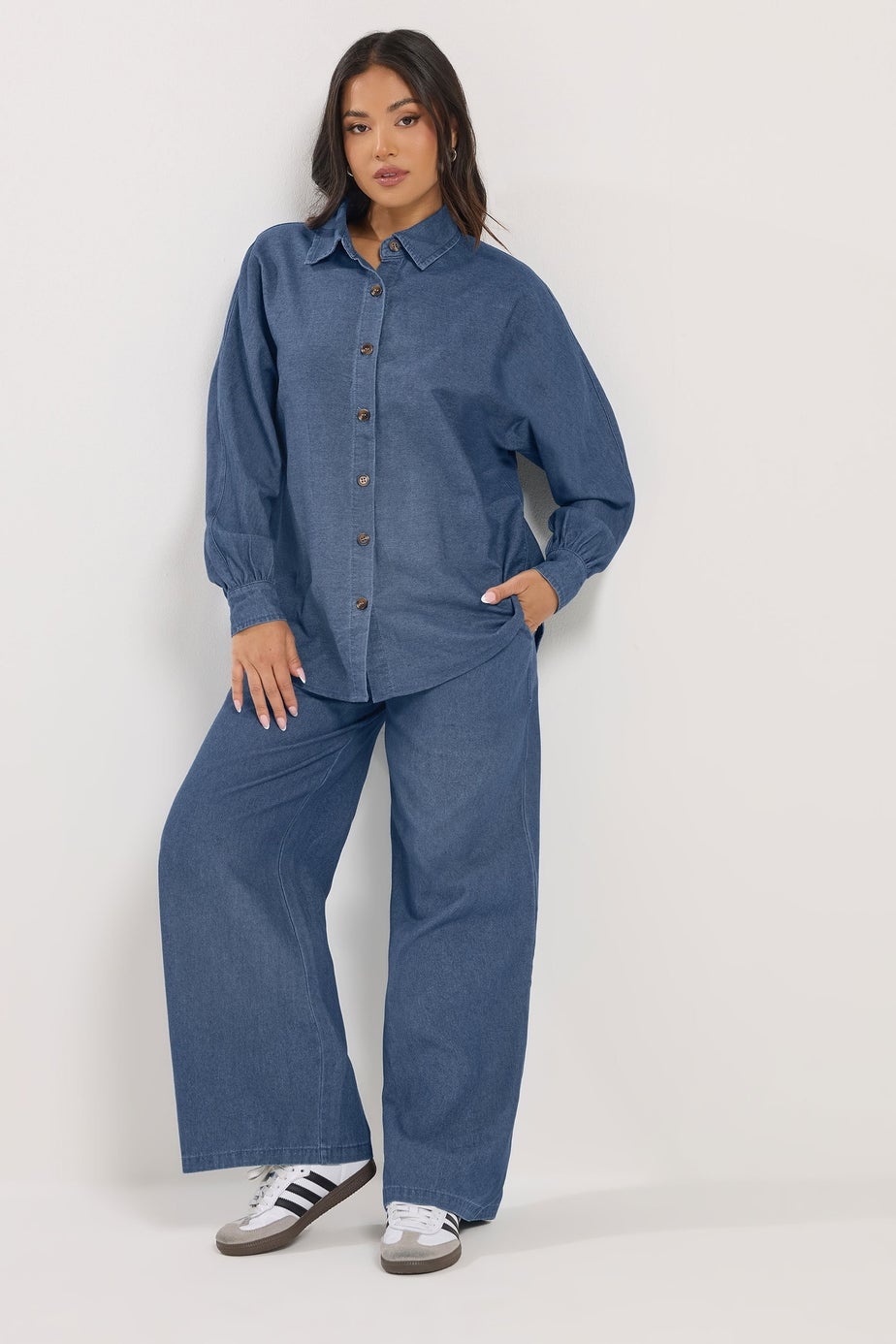 PixieGirl Petite Mid Blue Oversized Denim Shirt