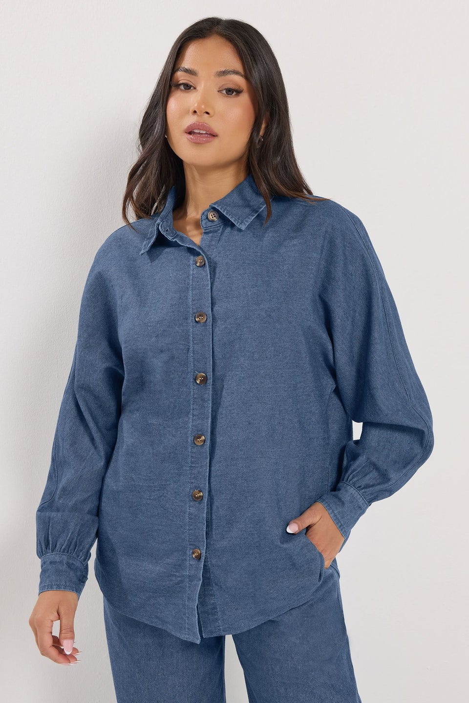 PixieGirl Petite Mid Blue Oversized Denim Shirt