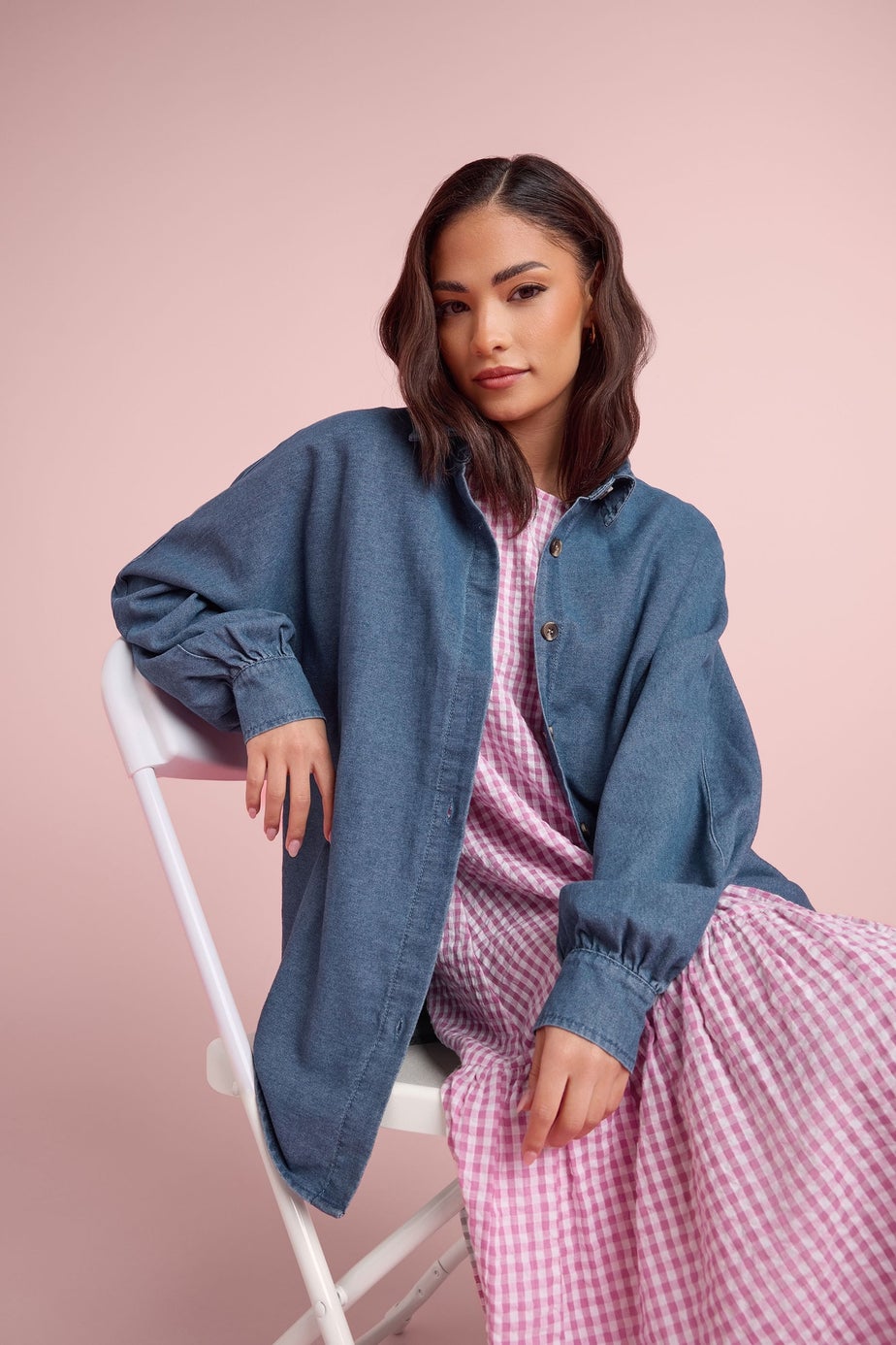 PixieGirl Petite Mid Blue Oversized Denim Shirt