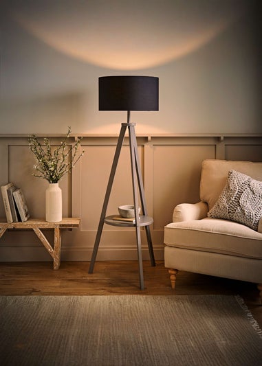 ValueLights Grey Wood Tripod floor Lamp with Drum Lampshade