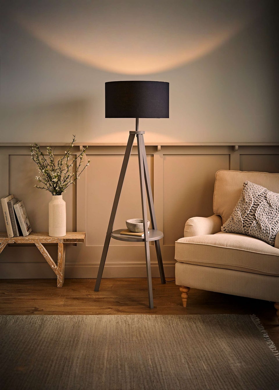ValueLights Grey Wood Tripod floor Lamp with Drum Lampshade