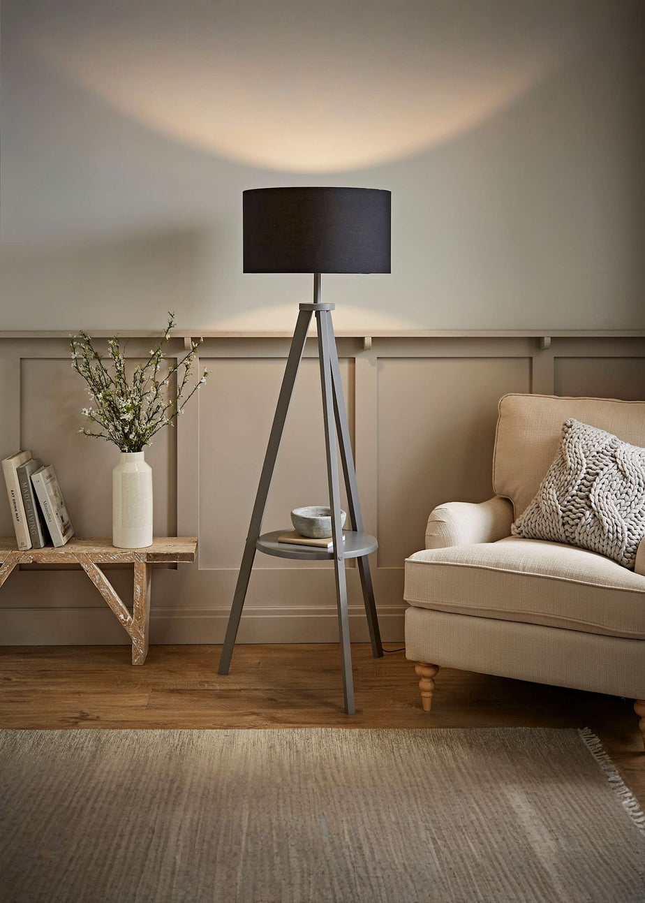 ValueLights Grey Wood Tripod floor Lamp with Drum Lampshade