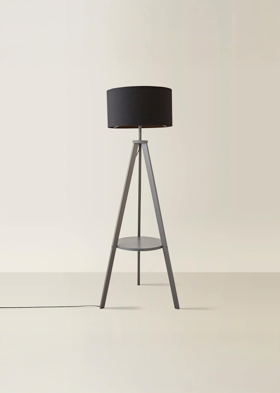 ValueLights Grey Wood Tripod floor Lamp with Drum Lampshade
