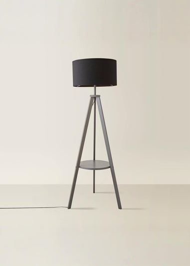 ValueLights Grey Wood Tripod floor Lamp with Drum Lampshade