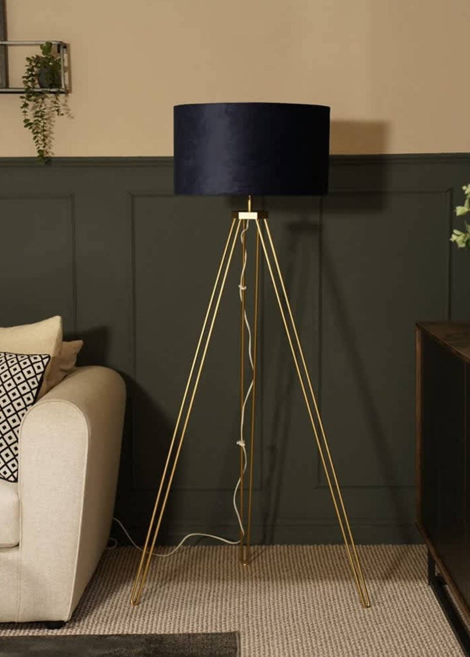ValueLights Aero Gold Tripod Floor Lamp with Velvet Lampshade