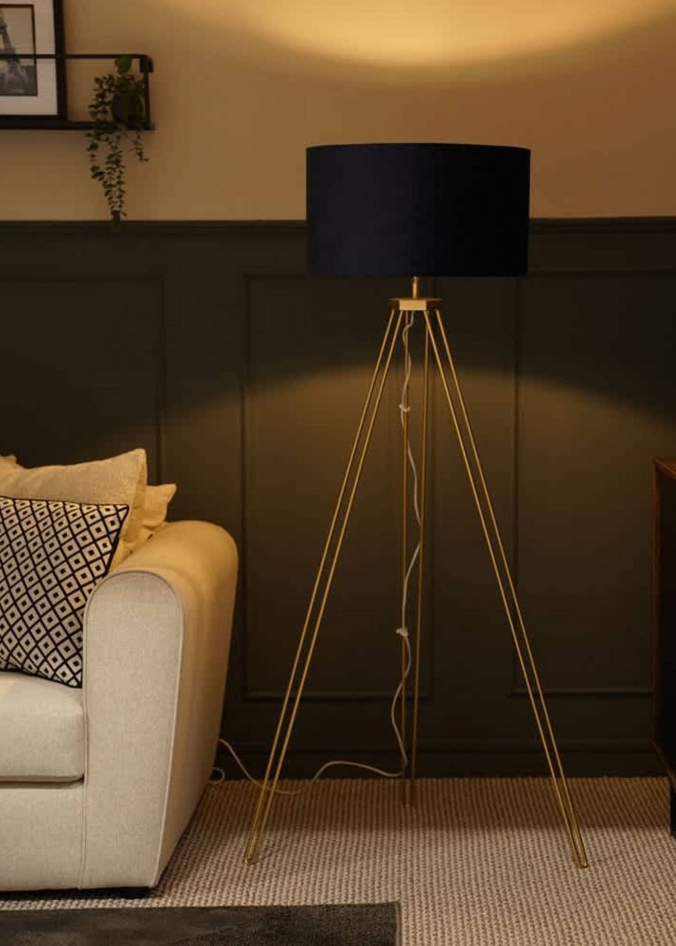 ValueLights Aero Gold Tripod Floor Lamp with Velvet Lampshade