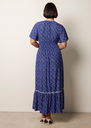 Blue Vanilla Navy Ditsy Floral Button Front Raglan Trim Dress
