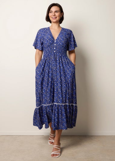 Blue Vanilla Navy Ditsy Floral Button Front Raglan Trim Dress
