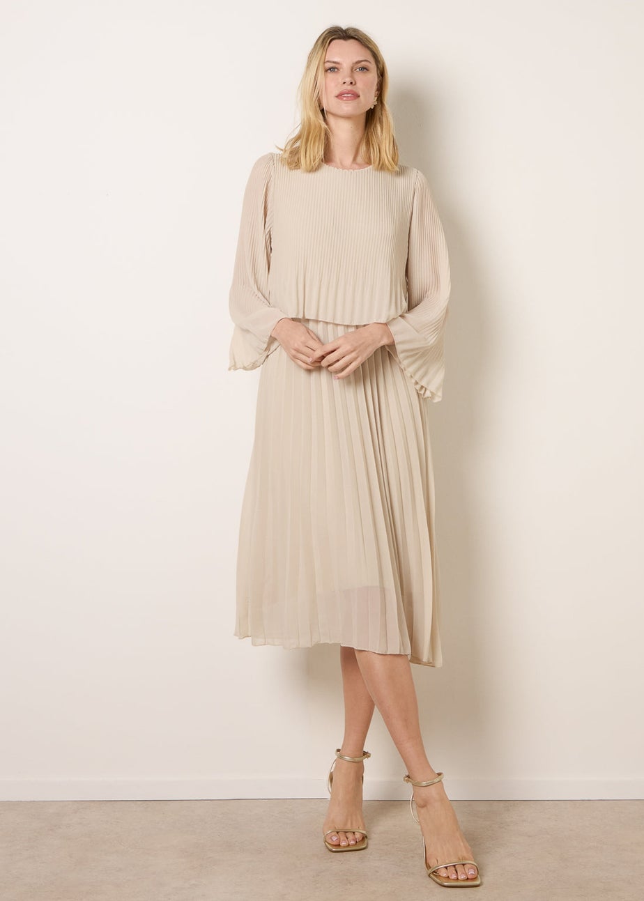 Blue Vanilla Beige Chiffon Pleated Dress