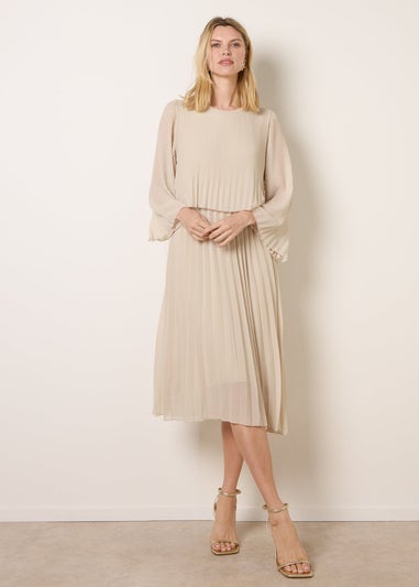 Blue Vanilla Beige Chiffon Pleated Dress
