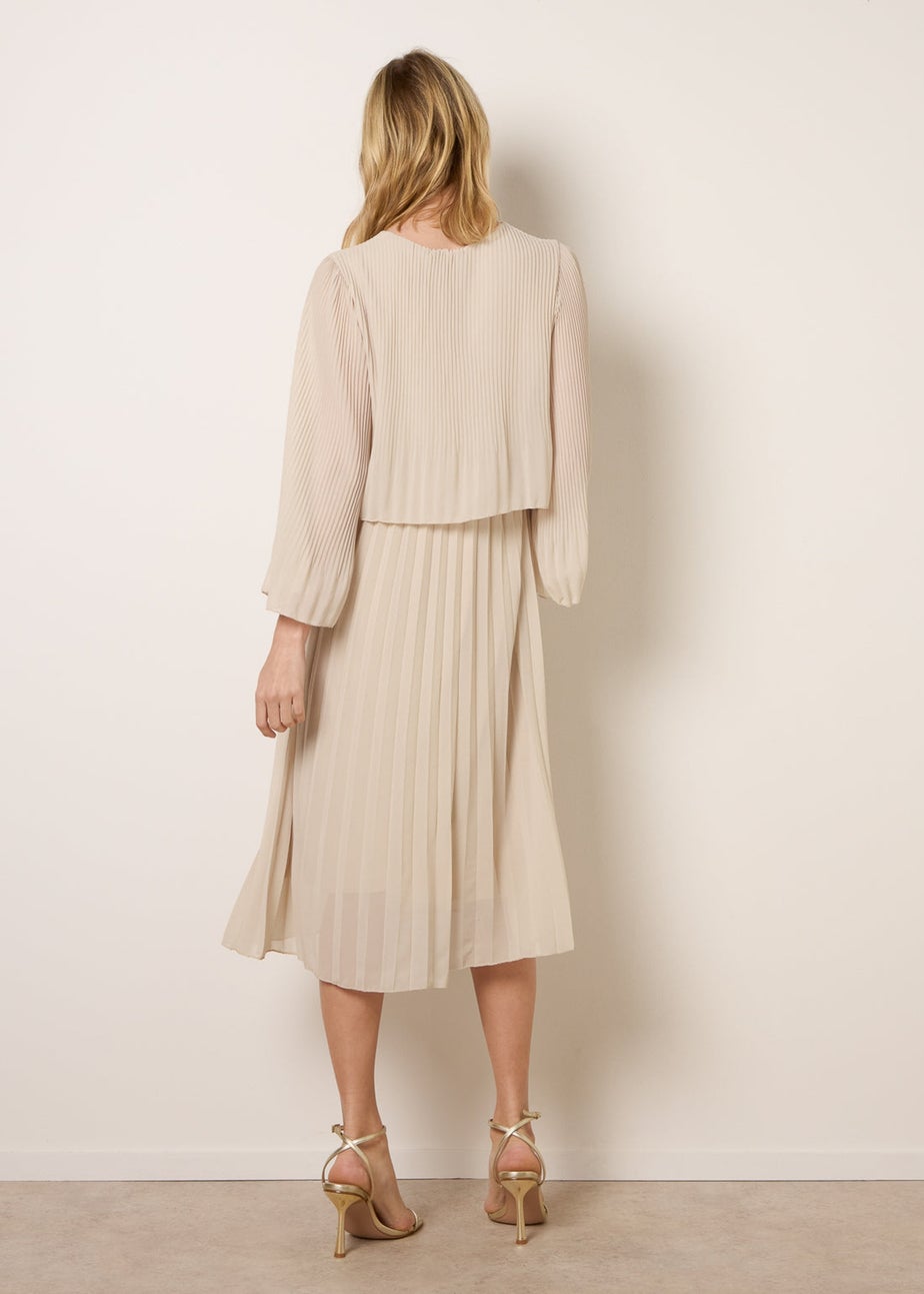 Blue Vanilla Beige Chiffon Pleated Dress